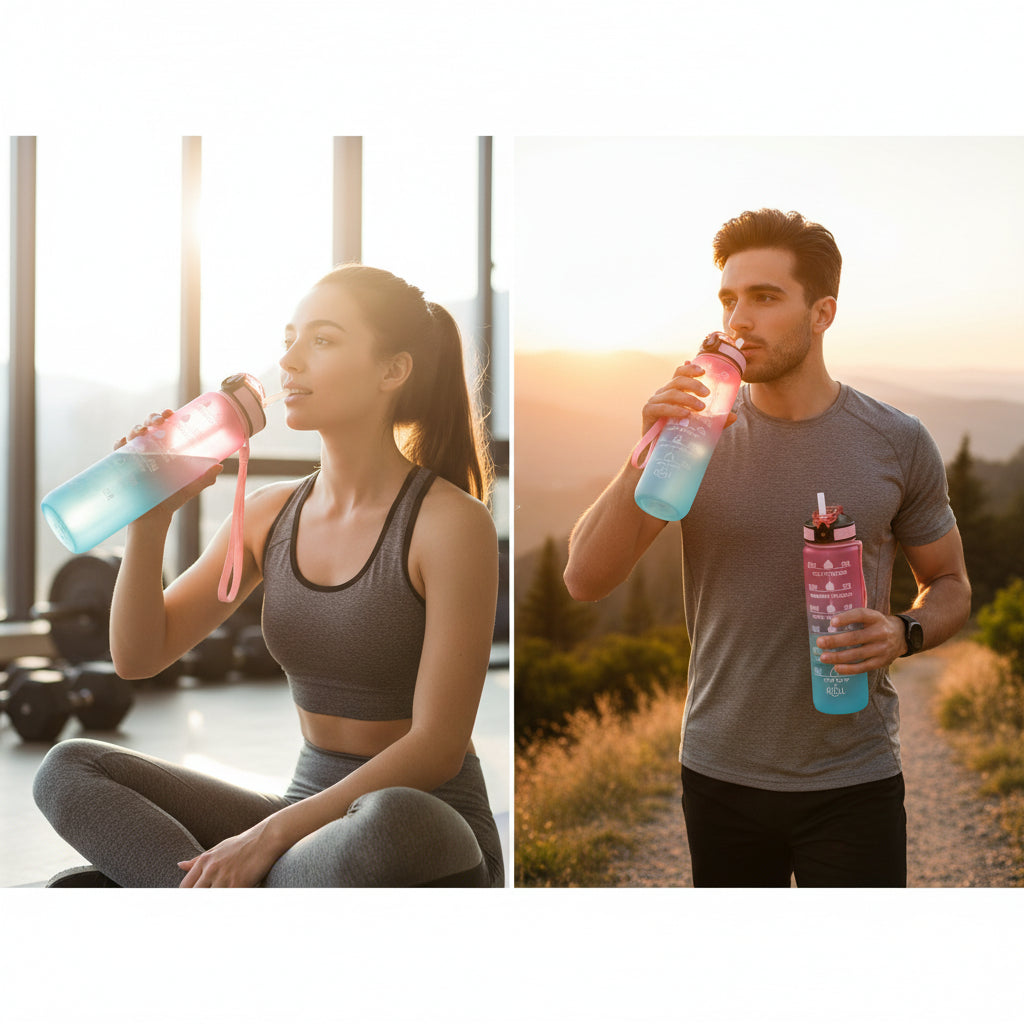 32 oz Motiverende Waterfles met Tijdmarkeringen en Rietje – Lekvrij, BPA-vrij, Sportfles met Handgreep voor Fitness, Gym & Buiten (Roze)